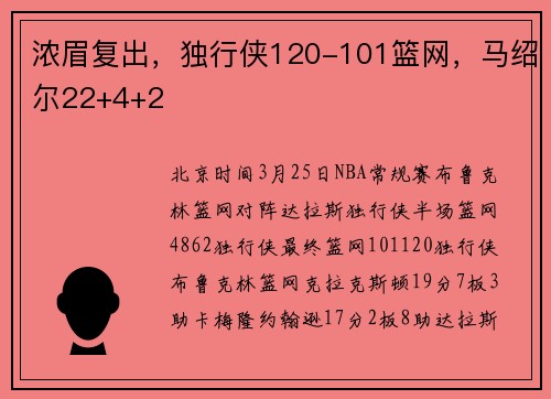 浓眉复出，独行侠120-101篮网，马绍尔22+4+2