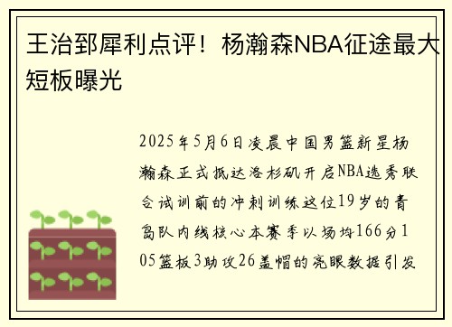 王治郅犀利点评！杨瀚森NBA征途最大短板曝光