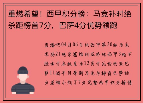 重燃希望！西甲积分榜：马竞补时绝杀距榜首7分，巴萨4分优势领跑